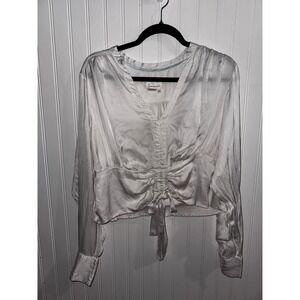 By Anthropologie White Satin Ruched Tie Front Smocked Blouse Plus Size 1X